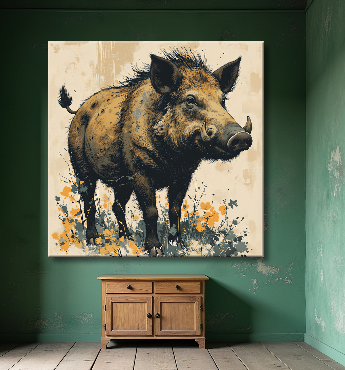 Tableau sanglier | Peinture moderne expressive gibier avec decor