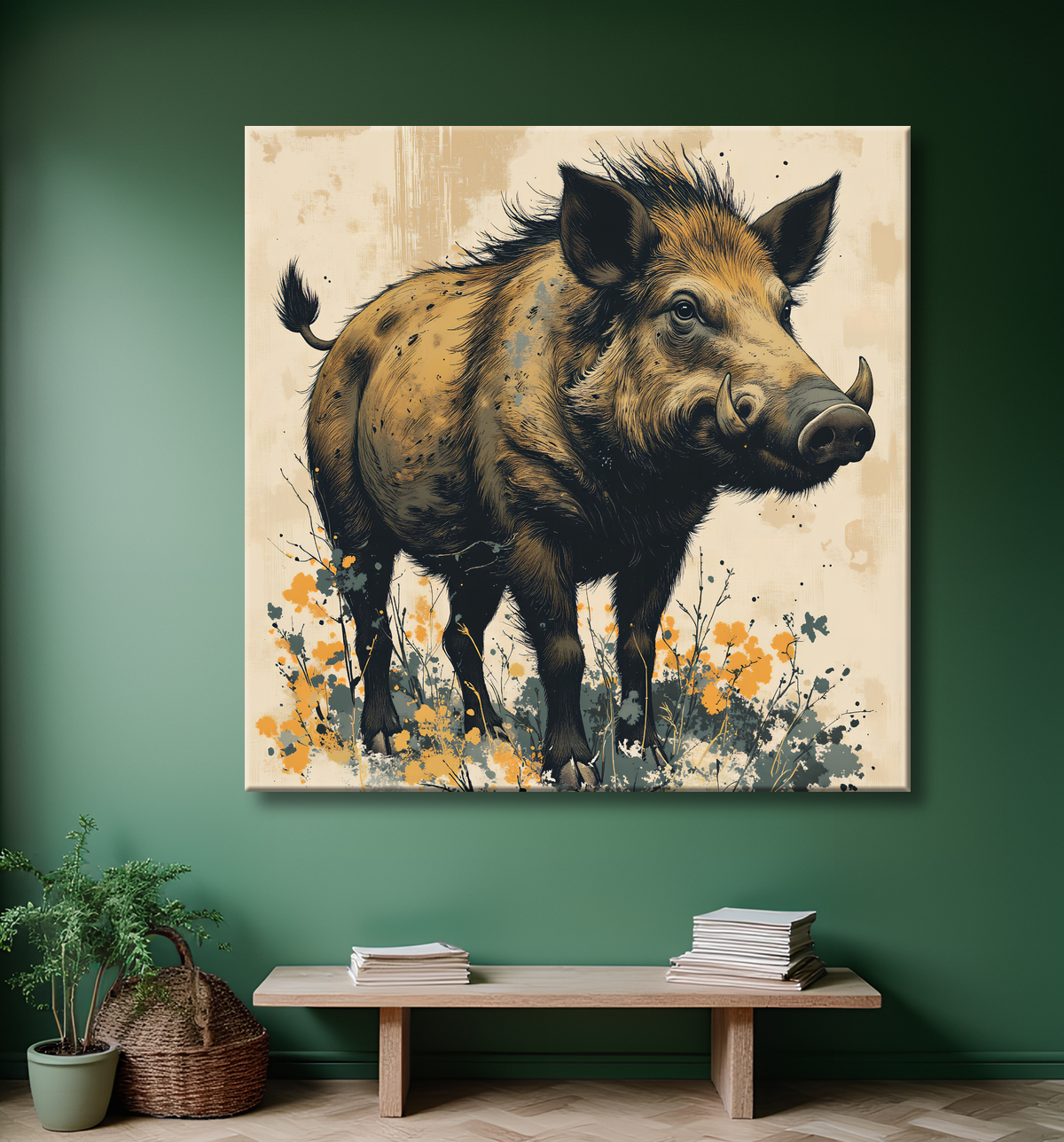 Tableau sanglier | Peinture moderne expressive gibier avec decor