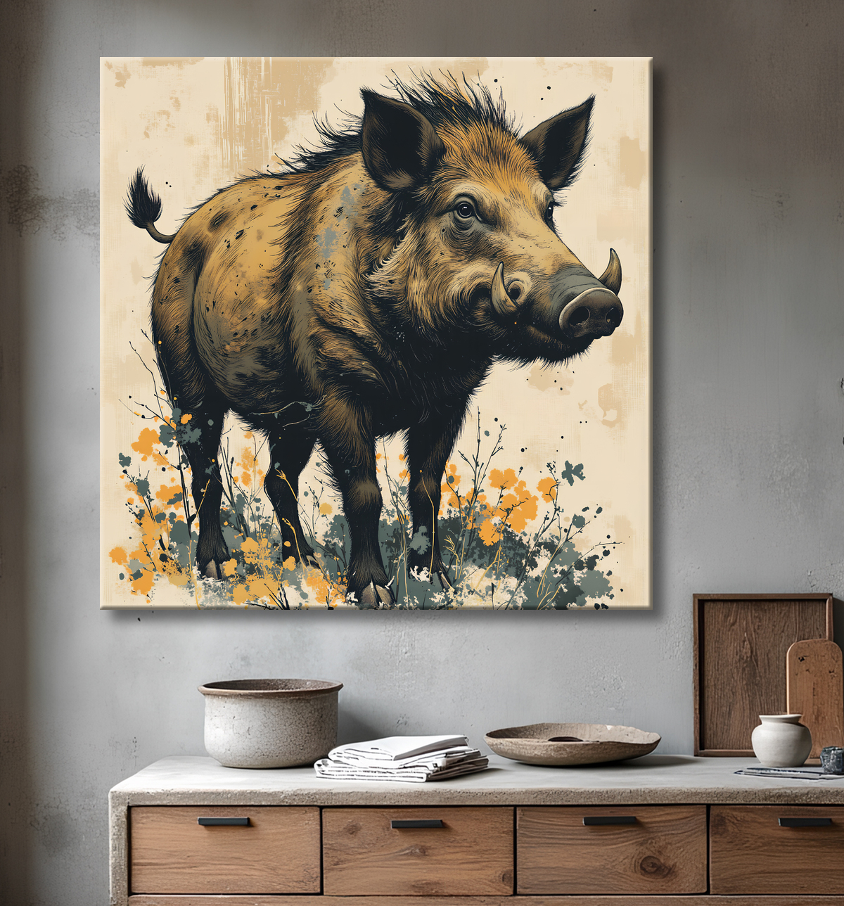 Tableau sanglier | Peinture moderne expressive gibier avec decor