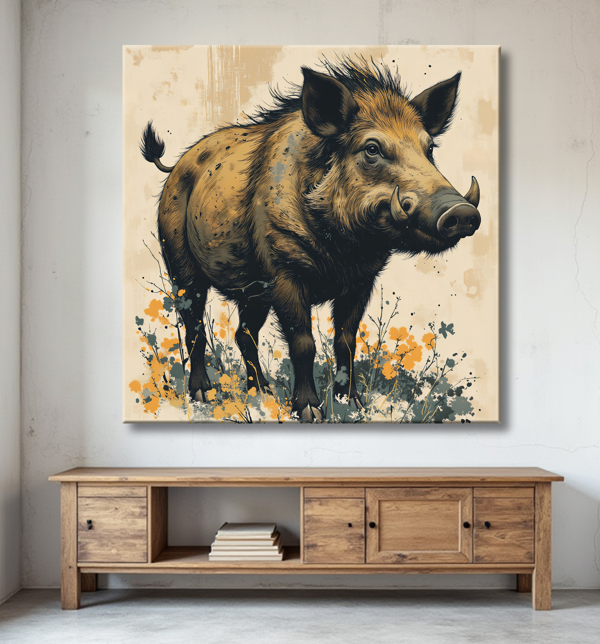 Tableau sanglier | Peinture moderne expressive gibier avec decor