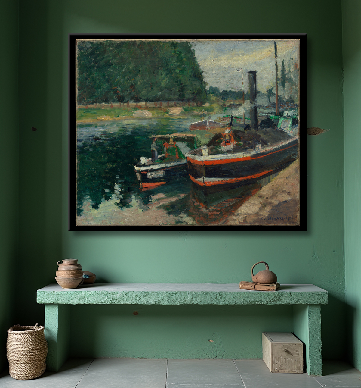 Reproduction Péniches à Pontoise de Camille Pissarro avec decor