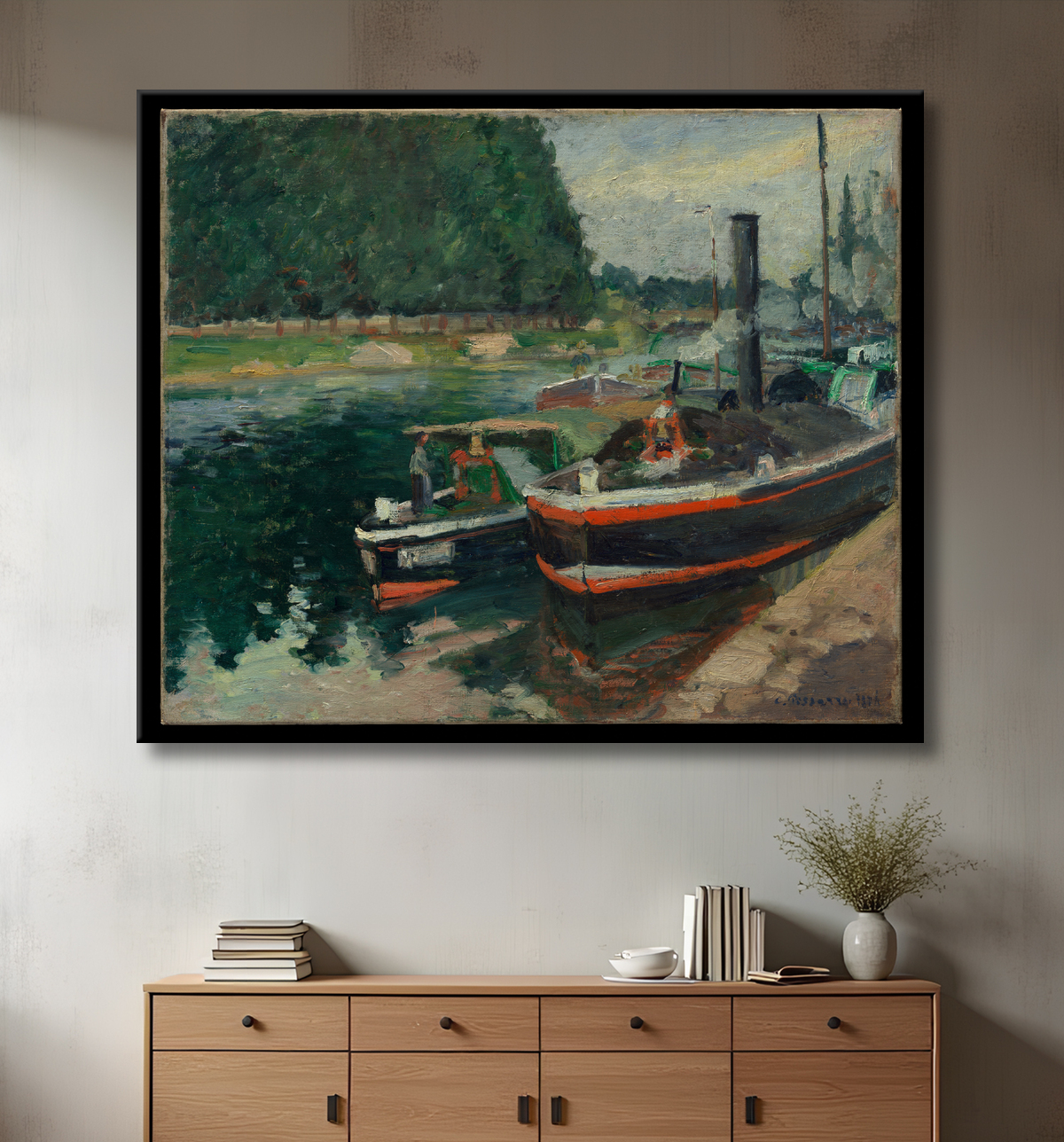 Reproduction Péniches à Pontoise de Camille Pissarro avec decor