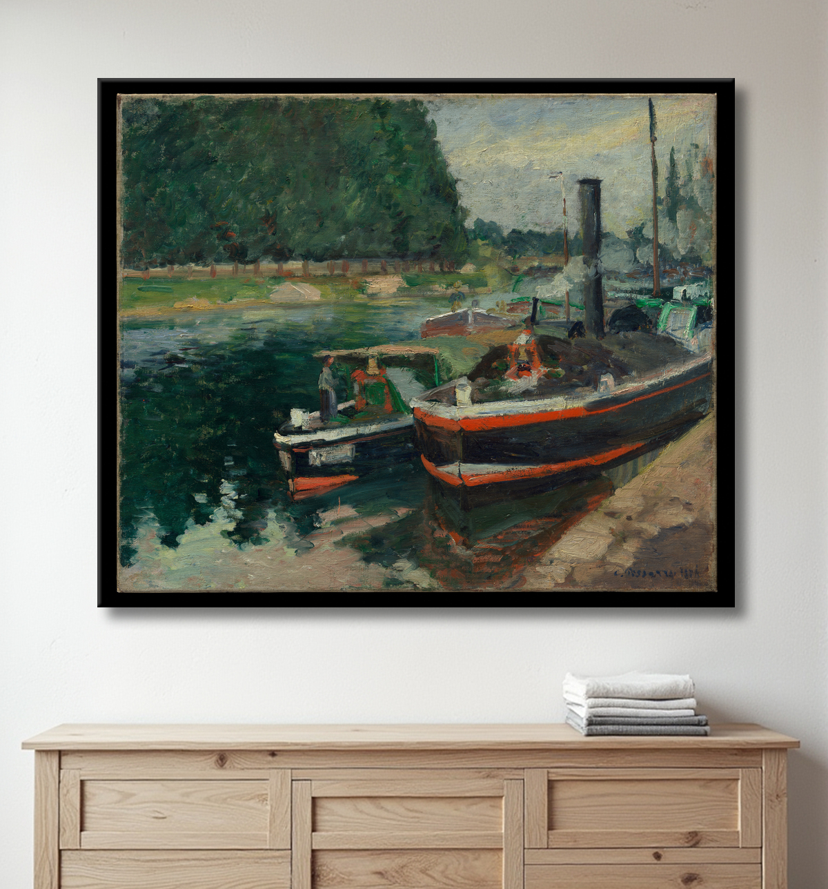 Reproduction Péniches à Pontoise de Camille Pissarro avec decor