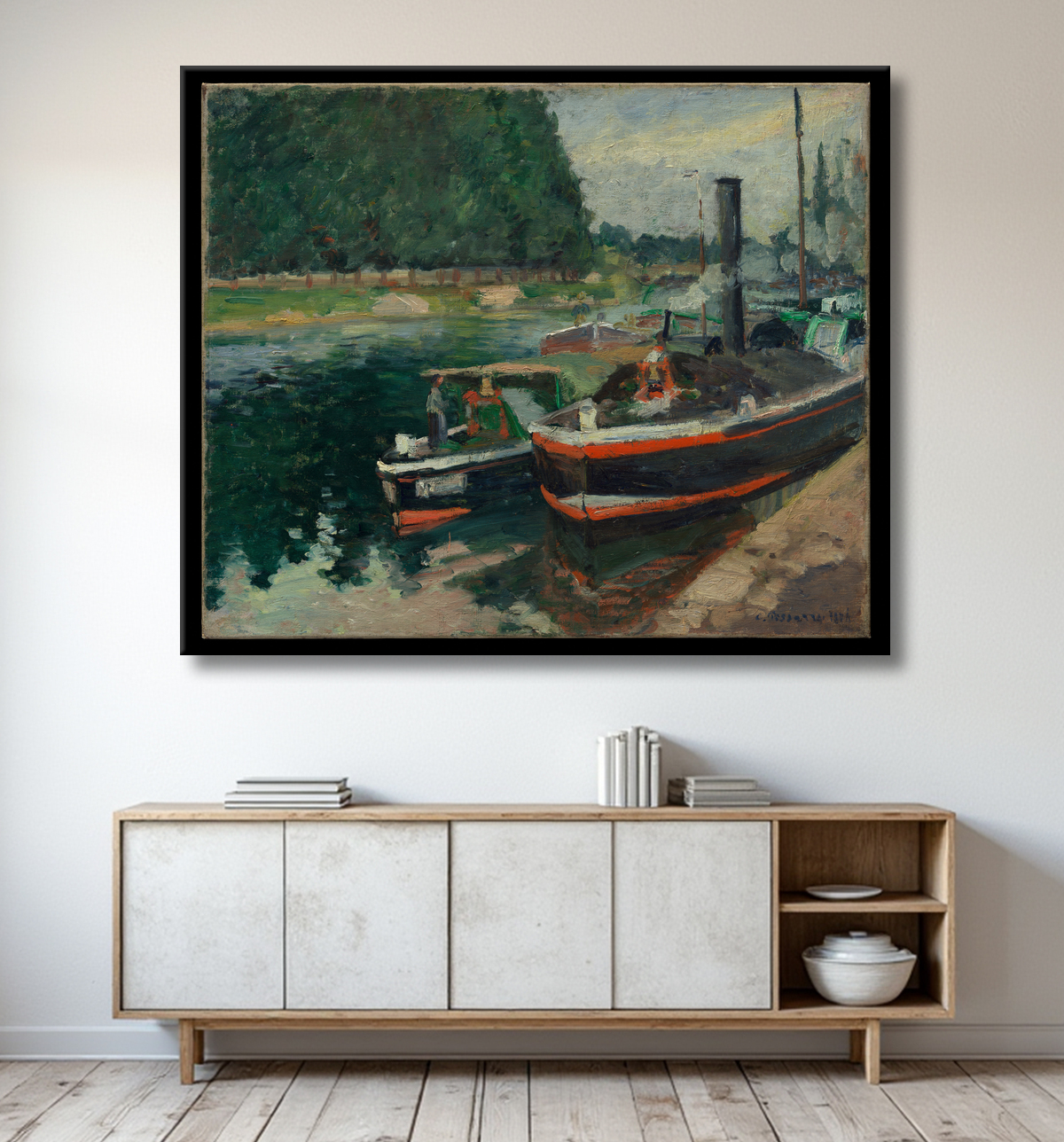 Reproduction Péniches à Pontoise de Camille Pissarro avec decor