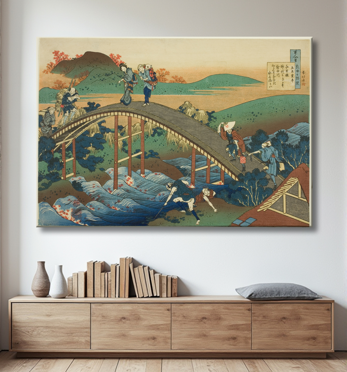 Reproduction Personnes traversant un pont en arc (Ariwara no Narihira) de la série "Cent poèmes expliqués par l'infirmière (Hyakunin isshu uba ga etoki)" de Katsushika Hokusai avec decor