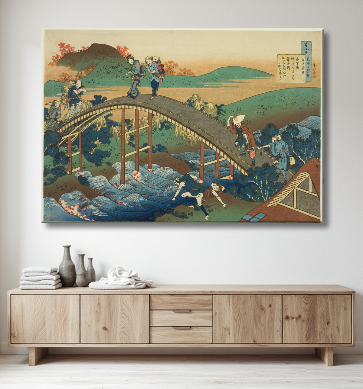 Reproduction Personnes traversant un pont en arc (Ariwara no Narihira) de la série "Cent poèmes expliqués par l'infirmière (Hyakunin isshu uba ga etoki)" de Katsushika Hokusai avec decor