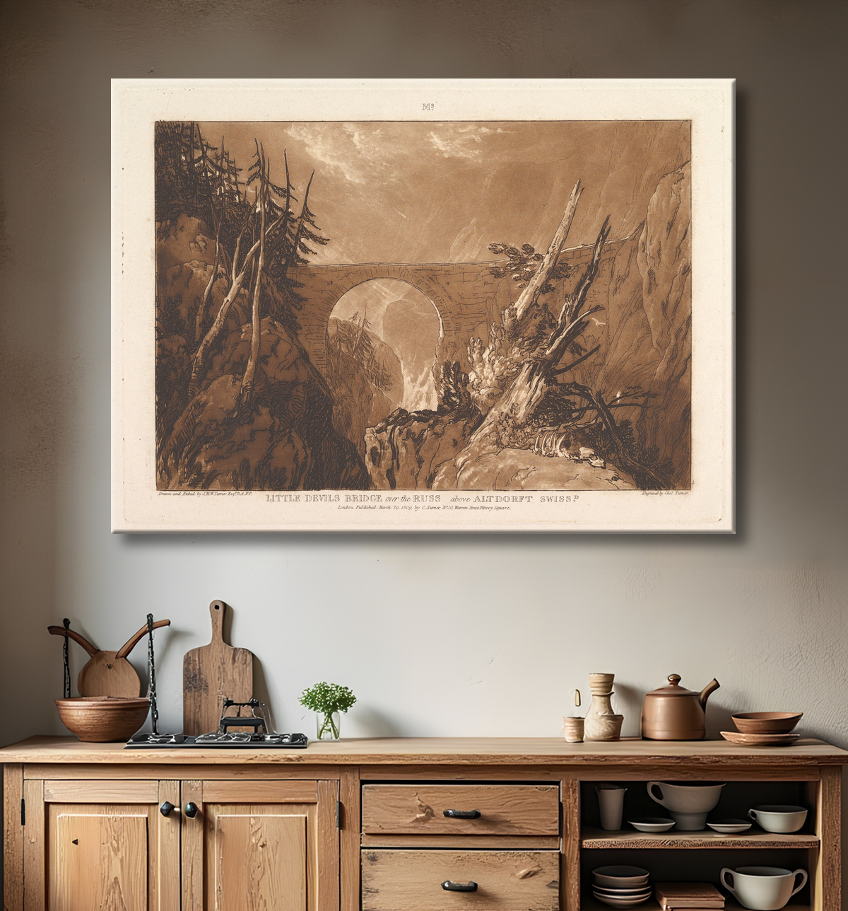 Reproduction Petit Pont du Diable sur le Russ, au-dessus d'Altdorft, Suisse (Liber Studiorum, partie IV, planche 19) de Joseph Mallord William Turner avec decor