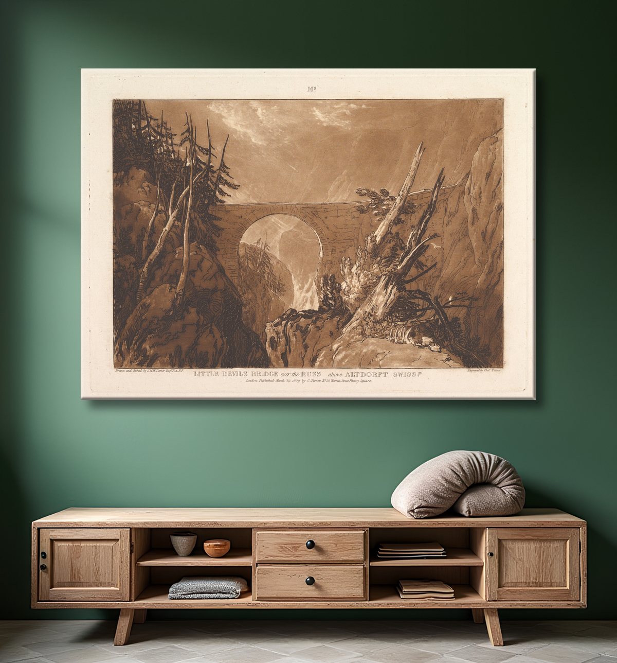 Reproduction Petit Pont du Diable sur le Russ, au-dessus d'Altdorft, Suisse (Liber Studiorum, partie IV, planche 19) de Joseph Mallord William Turner avec decor
