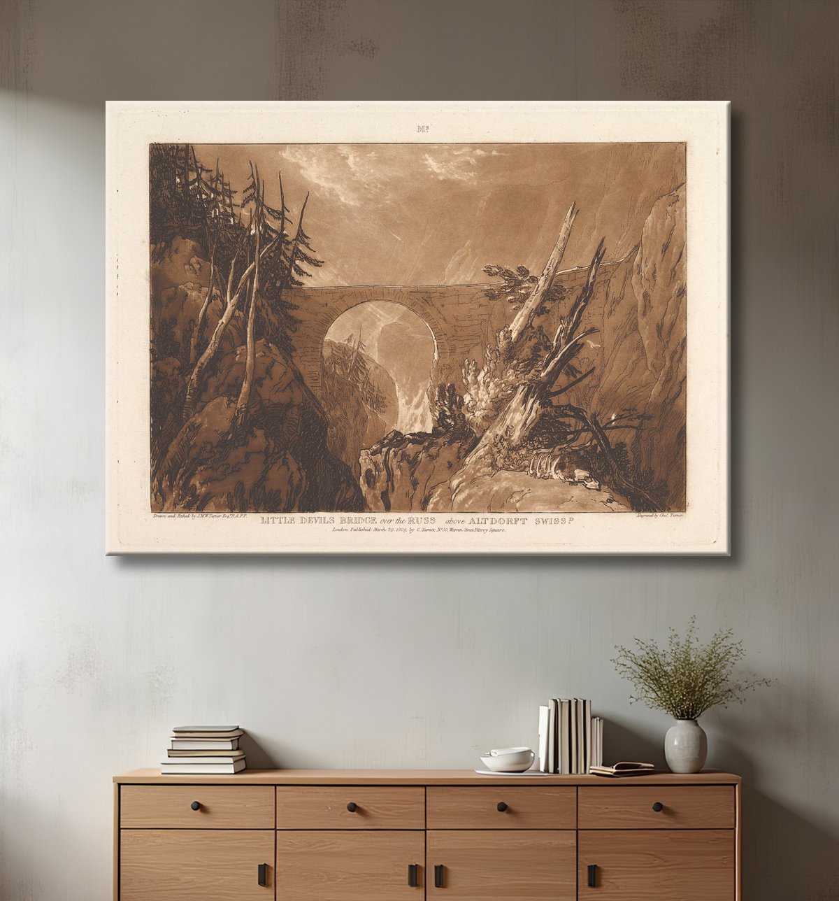 Reproduction Petit Pont du Diable sur le Russ, au-dessus d'Altdorft, Suisse (Liber Studiorum, partie IV, planche 19) de Joseph Mallord William Turner avec decor