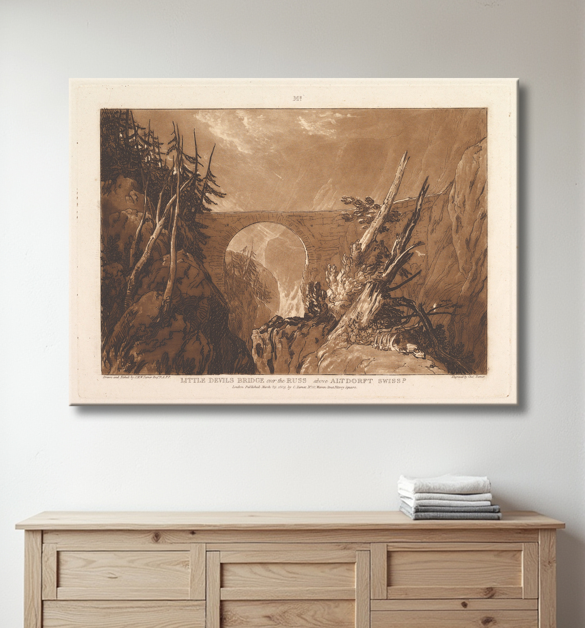 Reproduction Petit Pont du Diable sur le Russ, au-dessus d'Altdorft, Suisse (Liber Studiorum, partie IV, planche 19) de Joseph Mallord William Turner avec decor