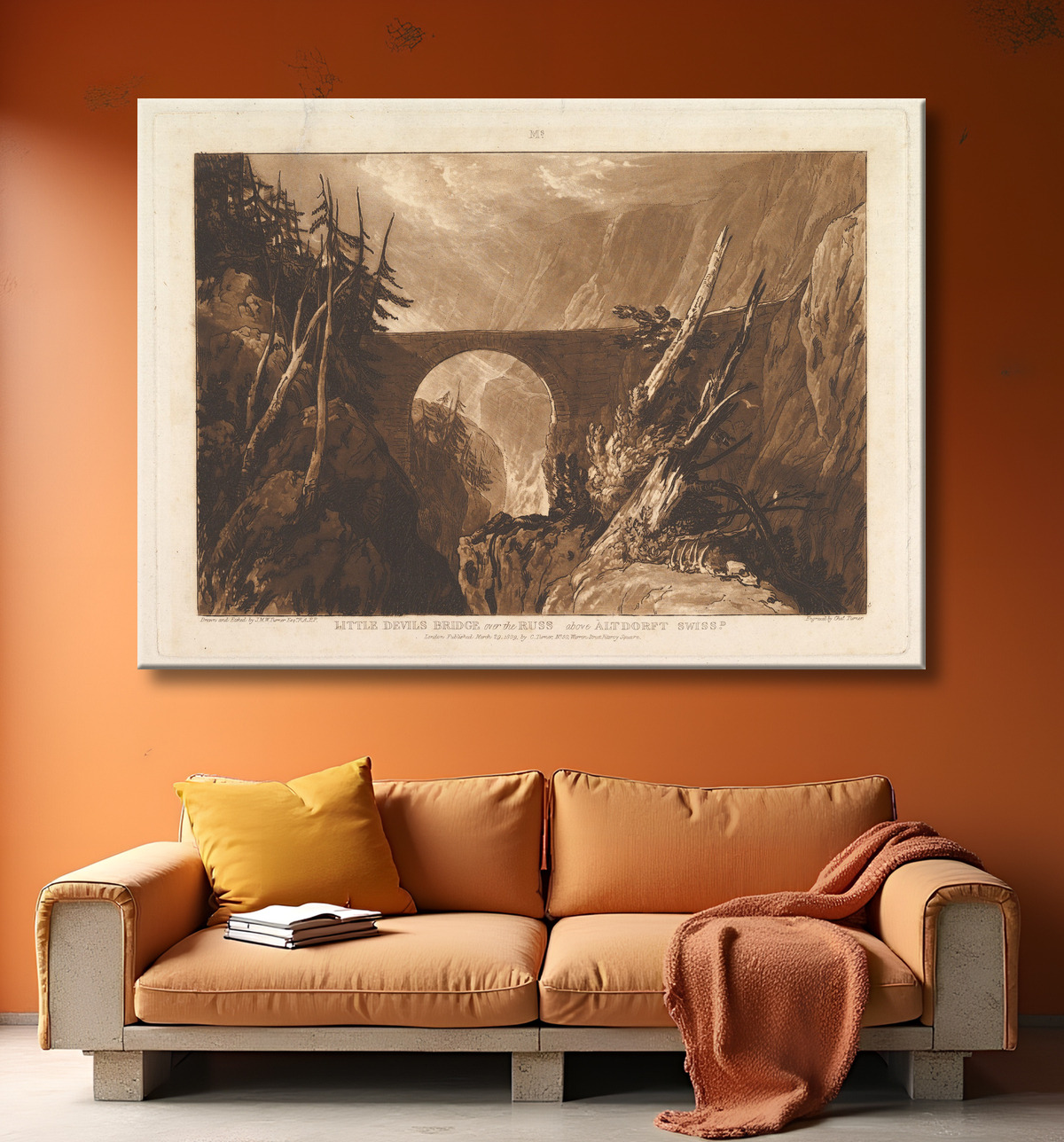 Reproduction Petit Pont du Diable sur le Russ, au-dessus d'Altdorft, Suisse (Liber Studiorum, partie IV, planche 19) de Joseph Mallord William Turner avec decor