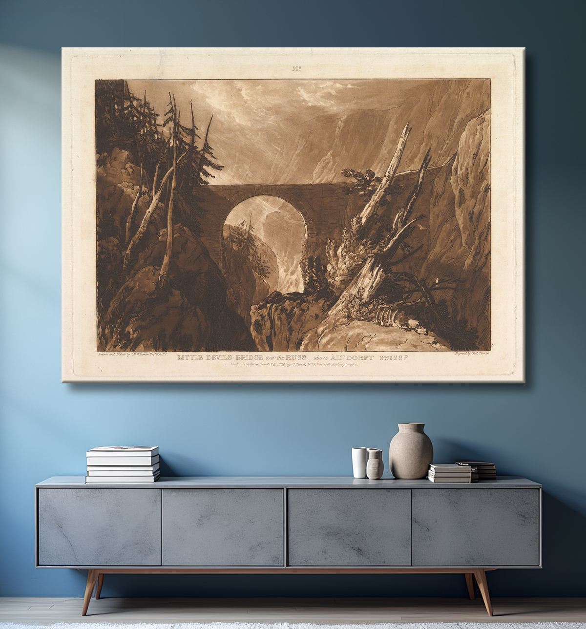 Reproduction Petit Pont du Diable sur le Russ, au-dessus d'Altdorft, Suisse (Liber Studiorum, partie IV, planche 19) de Joseph Mallord William Turner avec decor