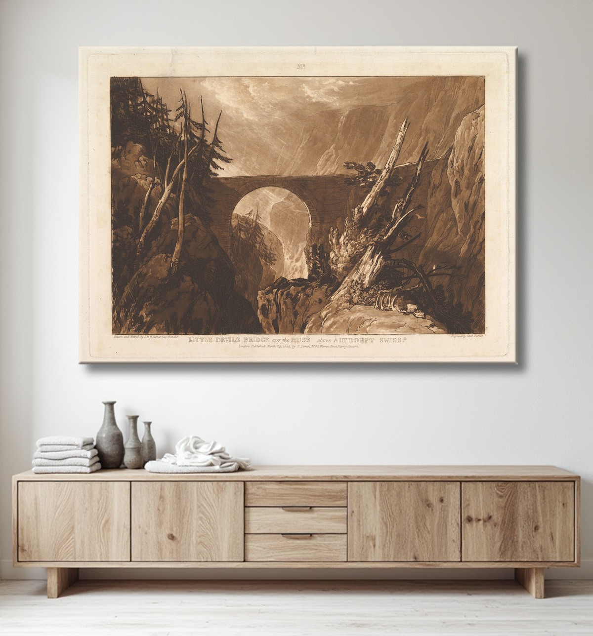 Reproduction Petit Pont du Diable sur le Russ, au-dessus d'Altdorft, Suisse (Liber Studiorum, partie IV, planche 19) de Joseph Mallord William Turner avec decor