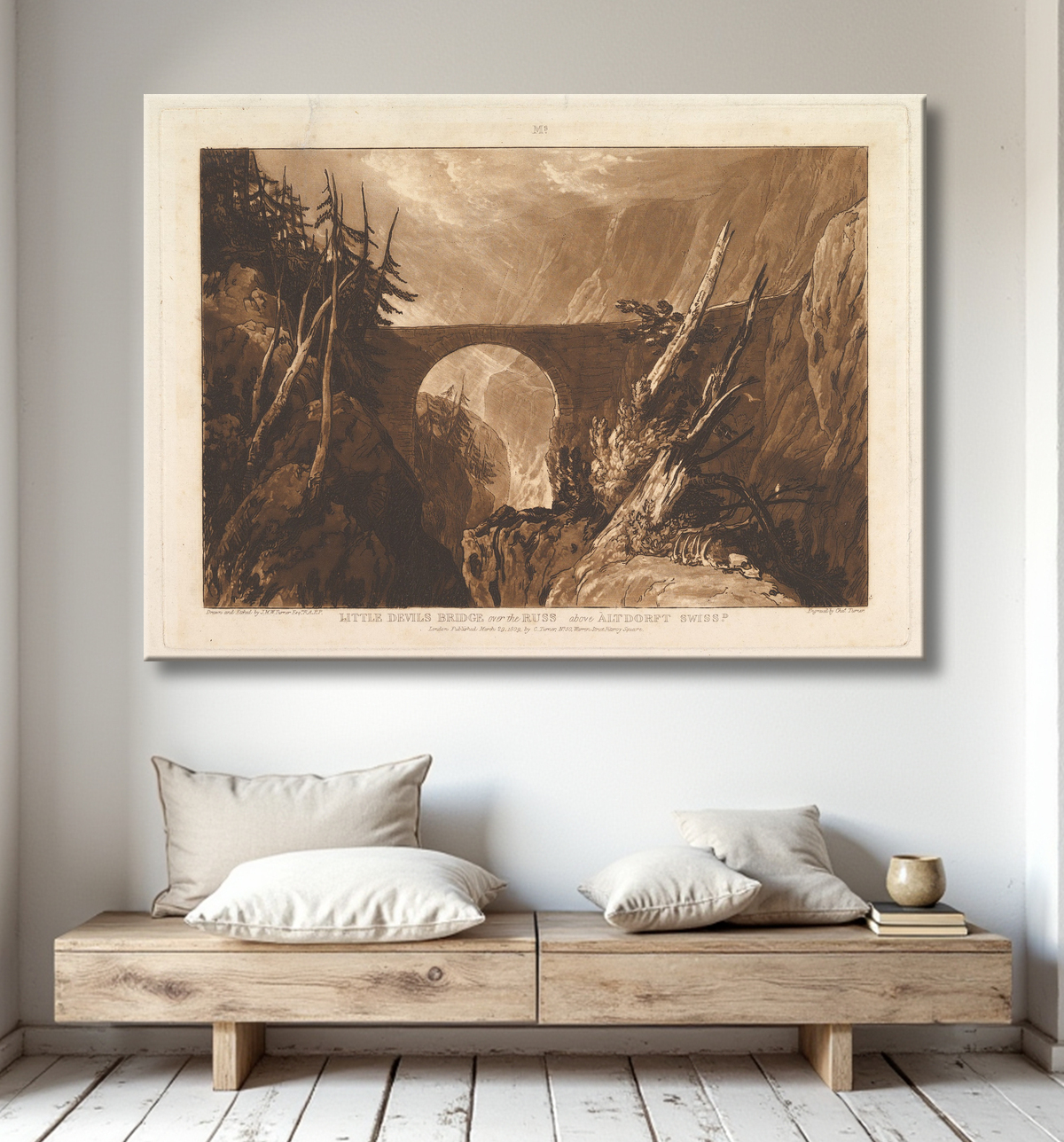Reproduction Petit Pont du Diable sur le Russ, au-dessus d'Altdorft, Suisse (Liber Studiorum, partie IV, planche 19) de Joseph Mallord William Turner avec decor