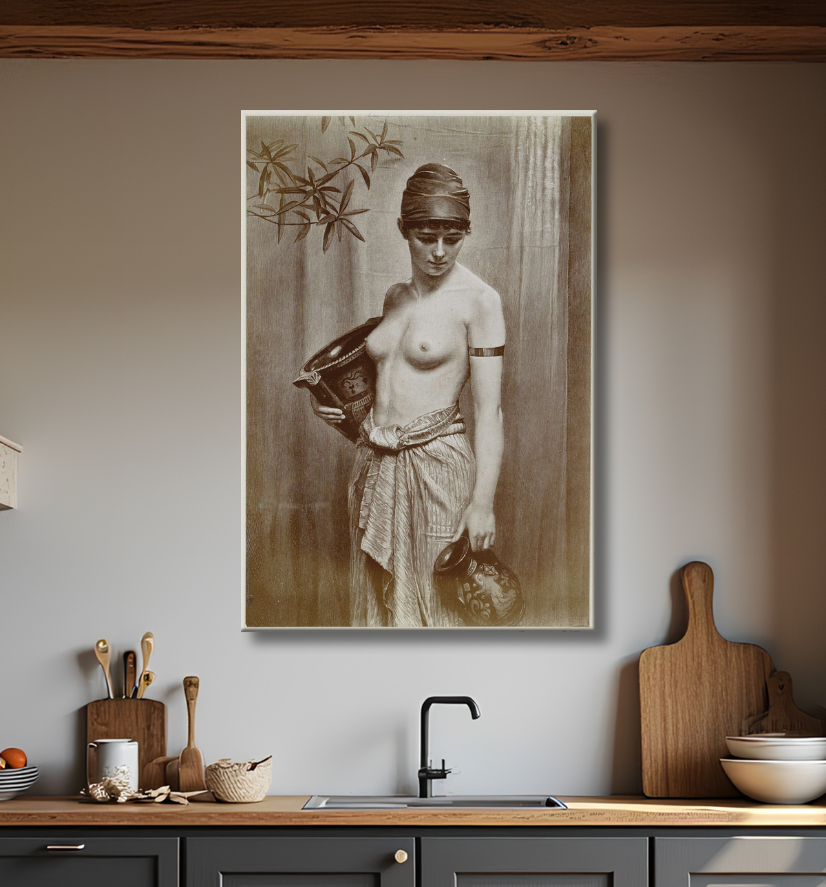 Reproduction Photo reproduction d'une gravure sur bois d'après le tableau Wasserträgerin de Max Nonnenbruch de Neue Photographische Gesellschaft avec decor