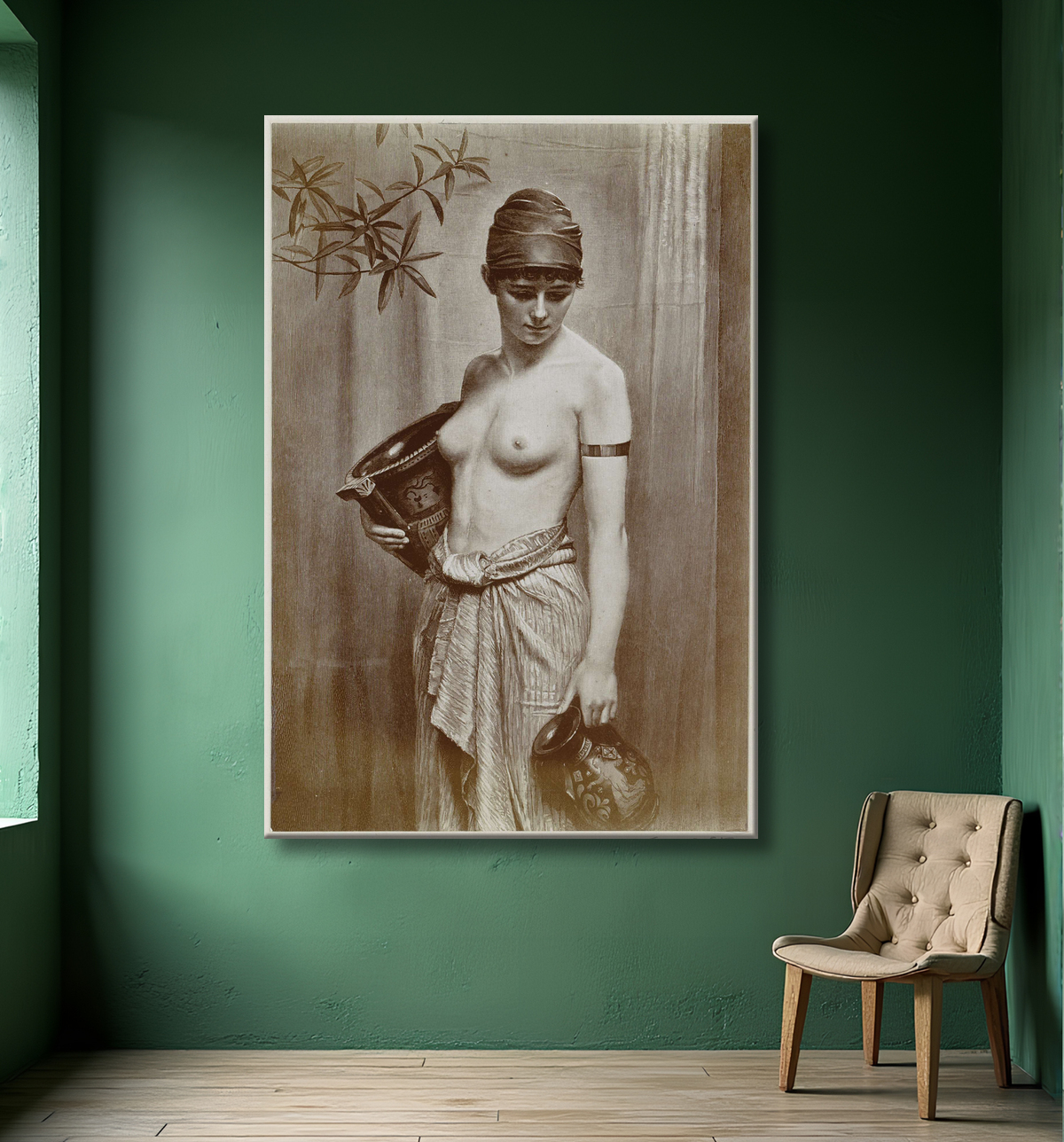 Reproduction Photo reproduction d'une gravure sur bois d'après le tableau Wasserträgerin de Max Nonnenbruch de Neue Photographische Gesellschaft avec decor