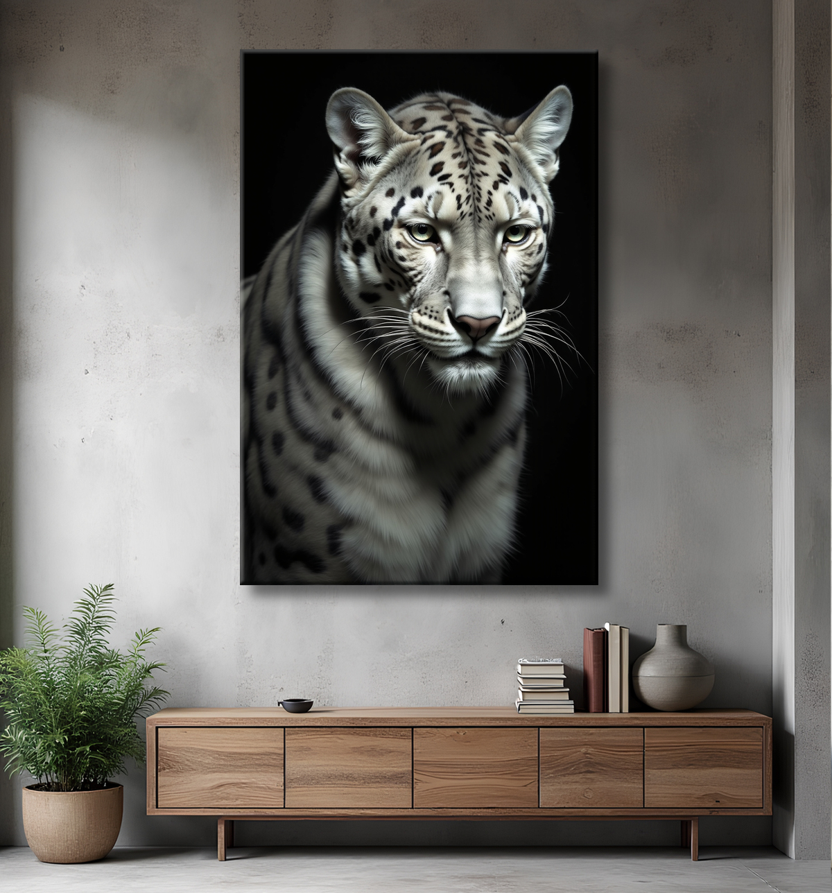 Tableau léopard - Portrait studio sur fond noir avec decor