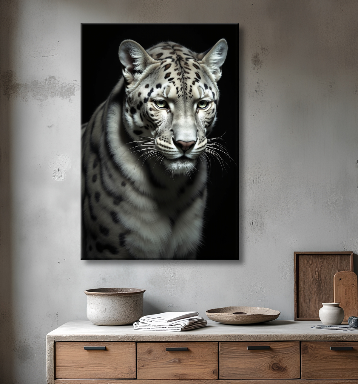 Tableau léopard - Portrait studio sur fond noir avec decor