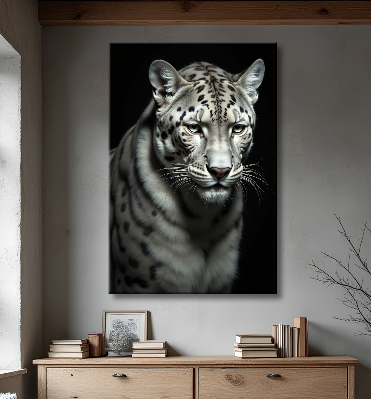 Tableau léopard - Portrait studio sur fond noir avec decor
