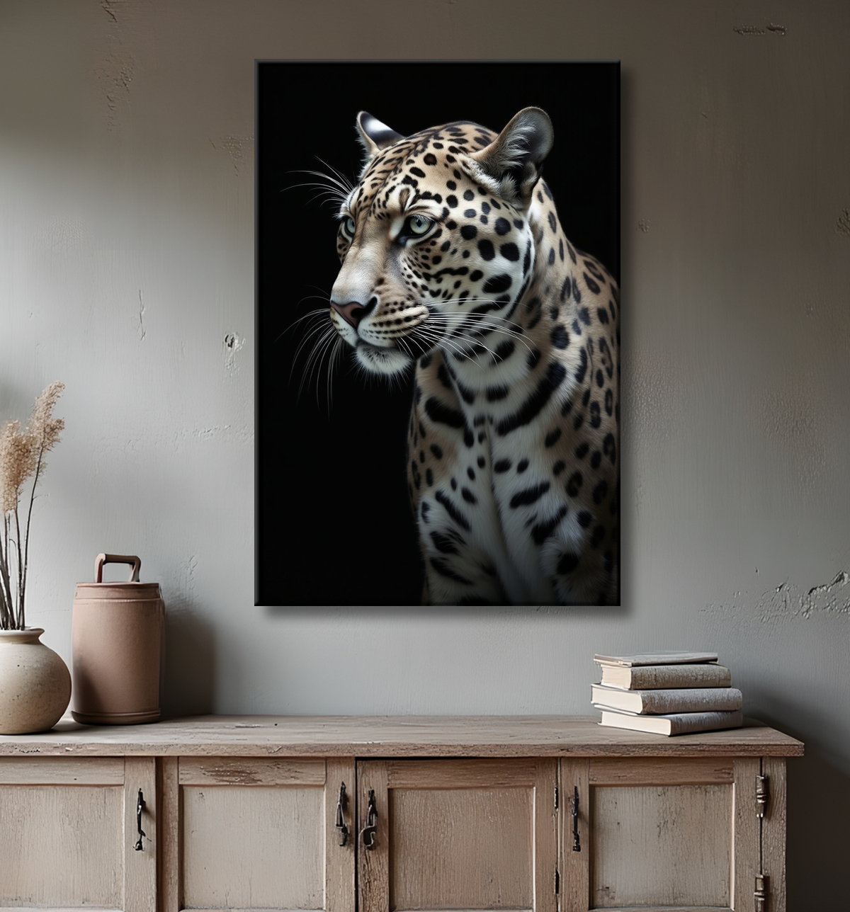Tableau léopard - Portrait studio sur fond noir avec decor