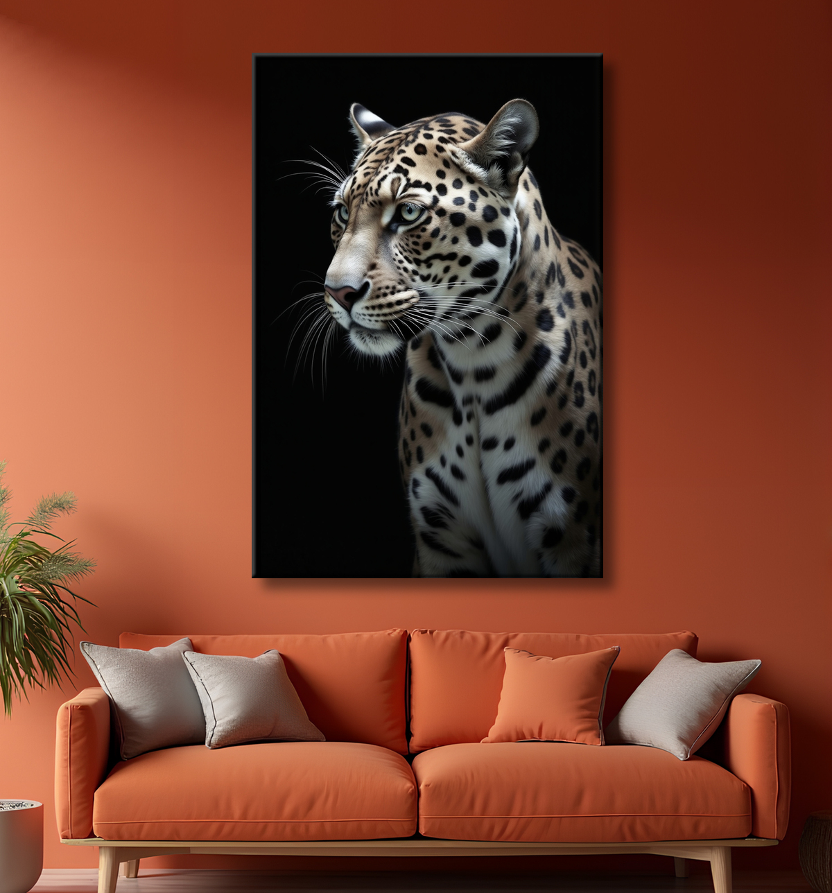 Tableau léopard - Portrait studio sur fond noir avec decor