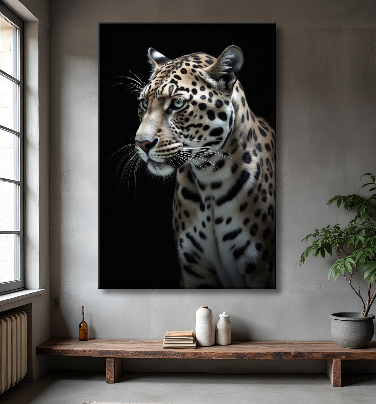 Tableau léopard - Portrait studio sur fond noir avec decor