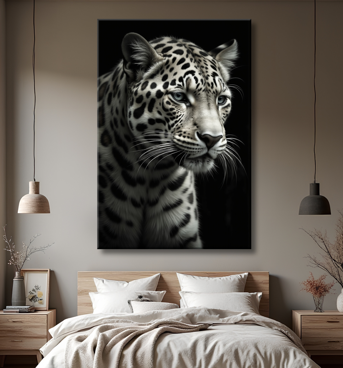 Tableau léopard - Portrait studio sur fond noir avec decor