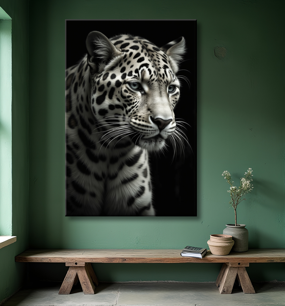 Tableau léopard - Portrait studio sur fond noir avec decor