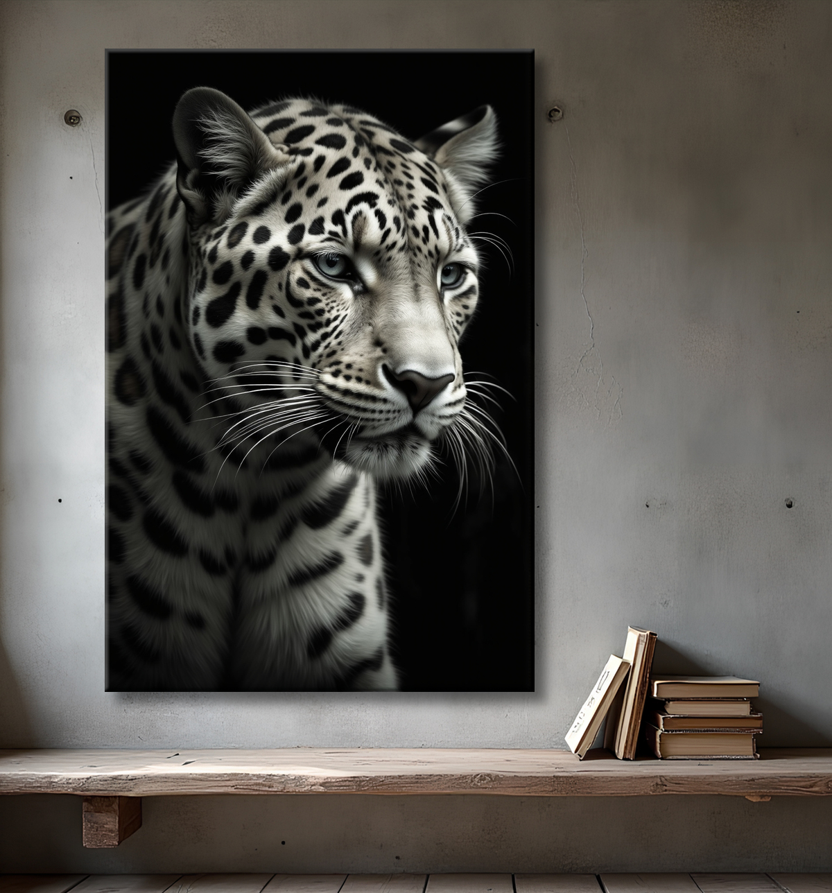 Tableau léopard - Portrait studio sur fond noir avec decor