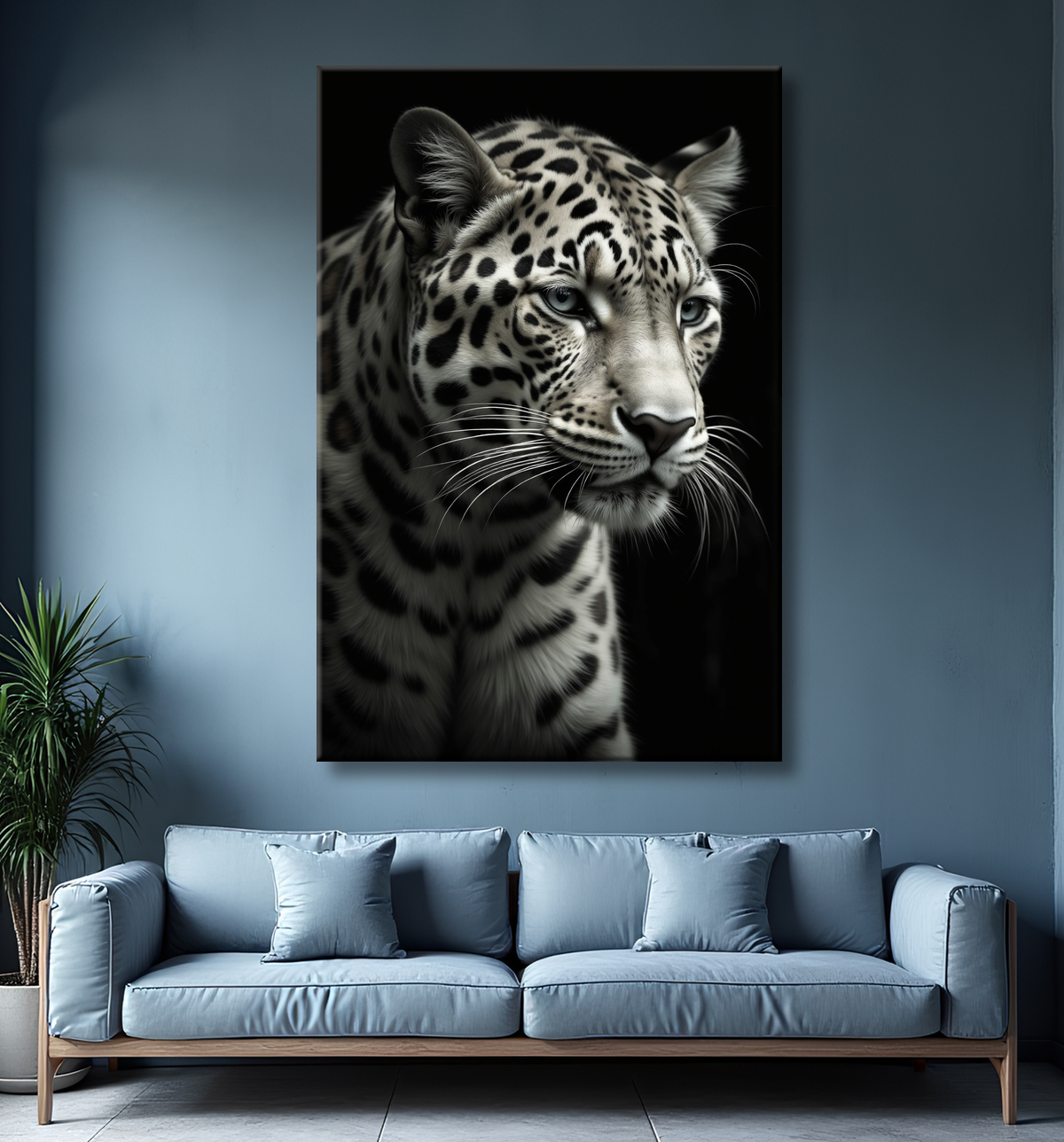 Tableau léopard - Portrait studio sur fond noir avec decor