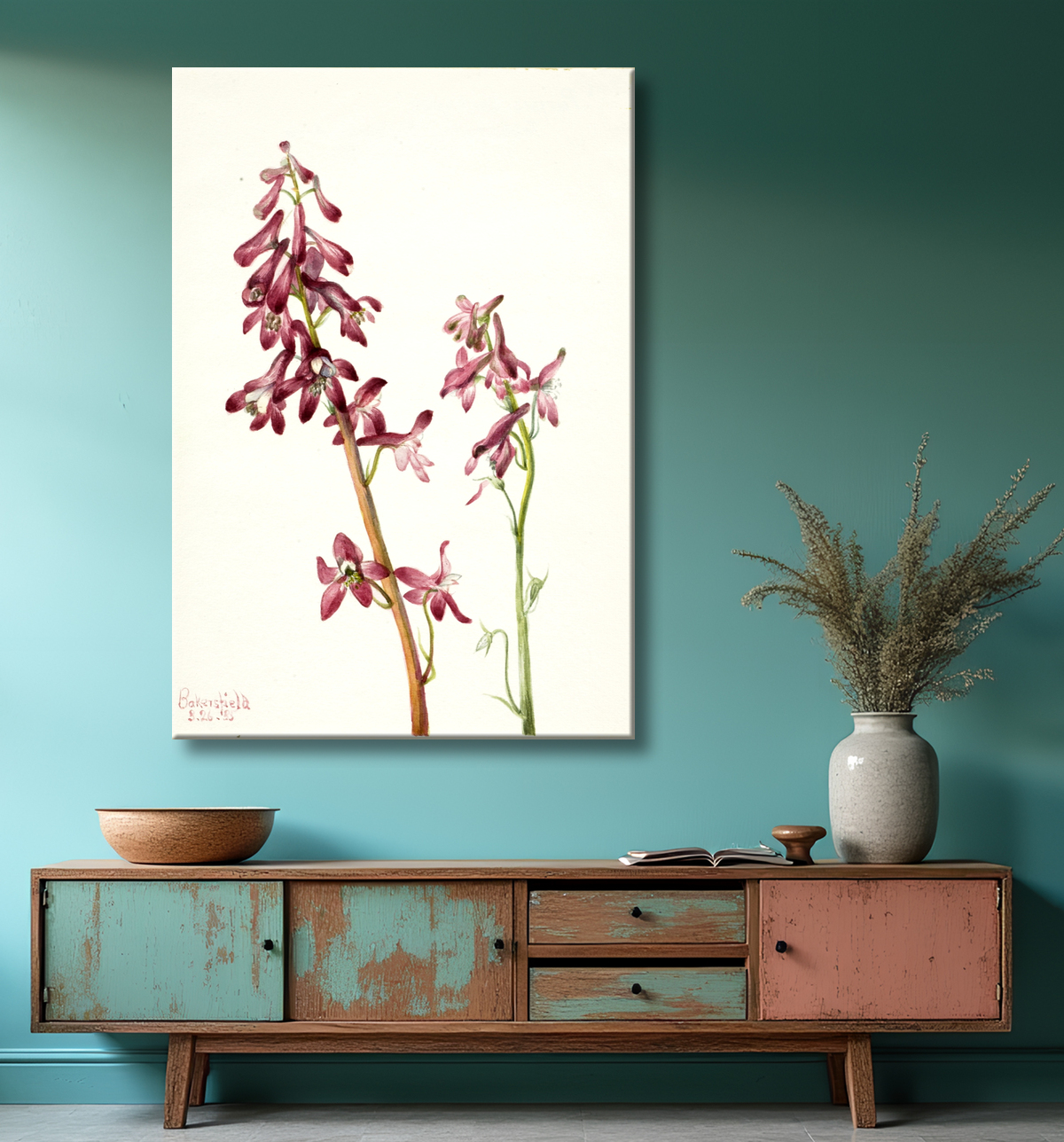 Reproduction Pied d'alouette rouge (Delphinium nudicale) de Mary Vaux Walcott, born Philadelphia, PA 1860-died St. Andrews, New Brunswick, Canada 1940 avec decor