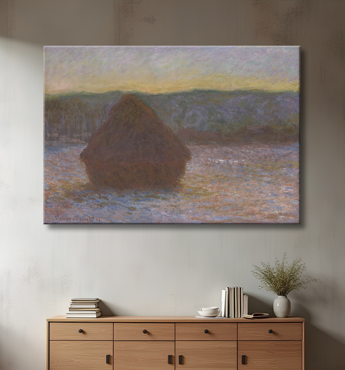 Reproduction Pile de blé (dégel, coucher de soleil) de Claude Monet avec decor