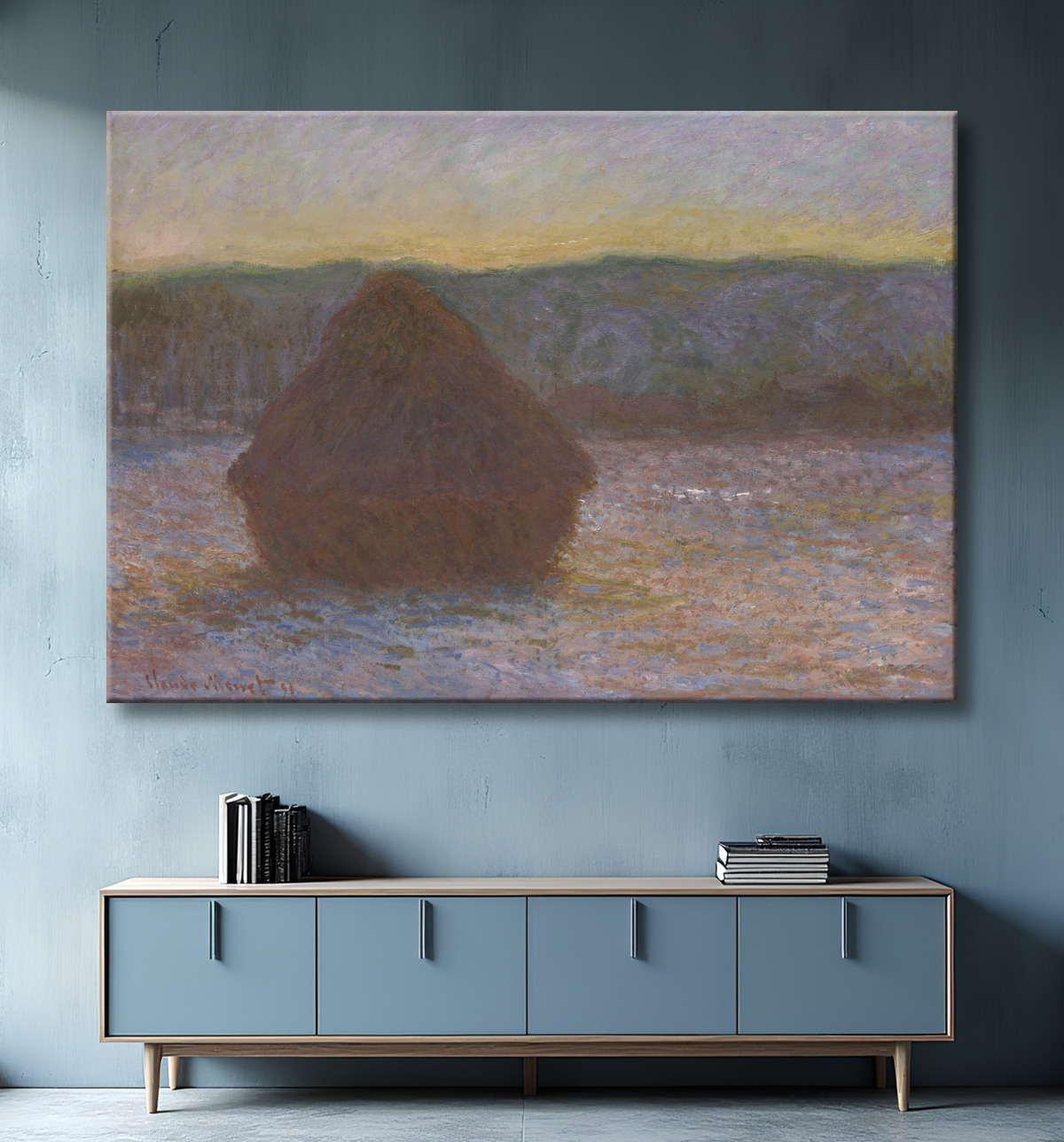 Reproduction Pile de blé (dégel, coucher de soleil) de Claude Monet avec decor
