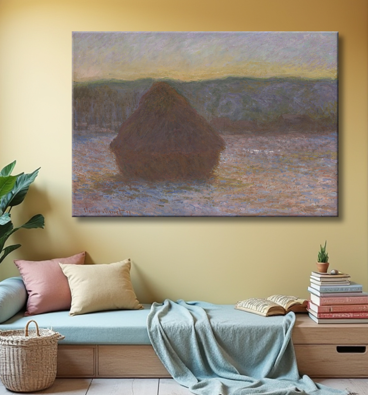 Reproduction Pile de blé (dégel, coucher de soleil) de Claude Monet avec decor