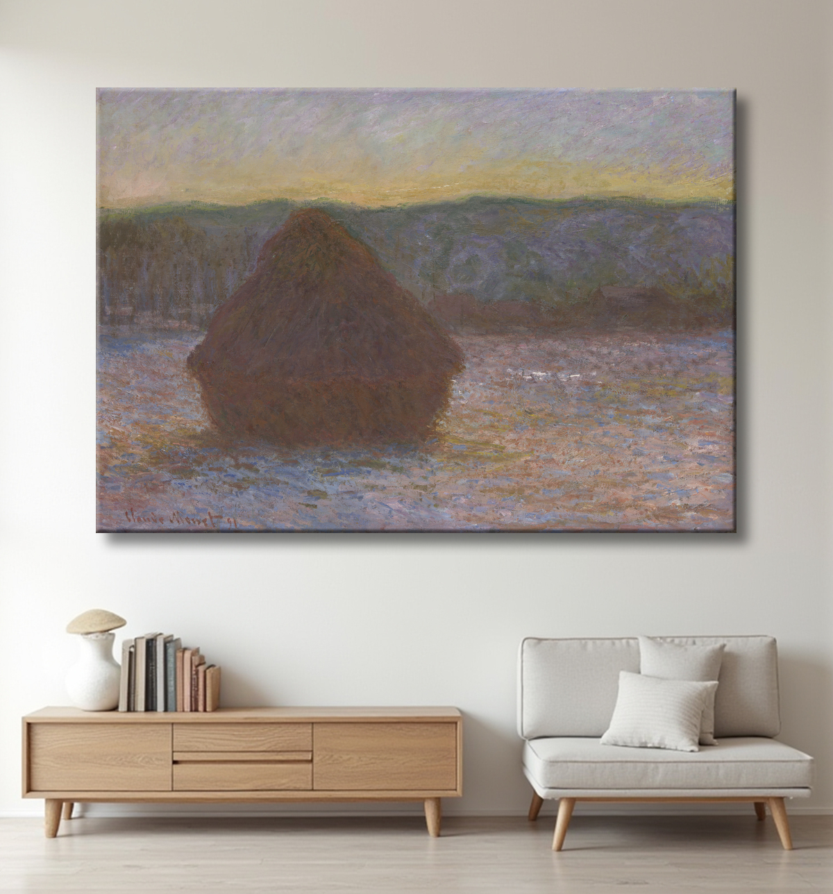 Reproduction Pile de blé (dégel, coucher de soleil) de Claude Monet avec decor