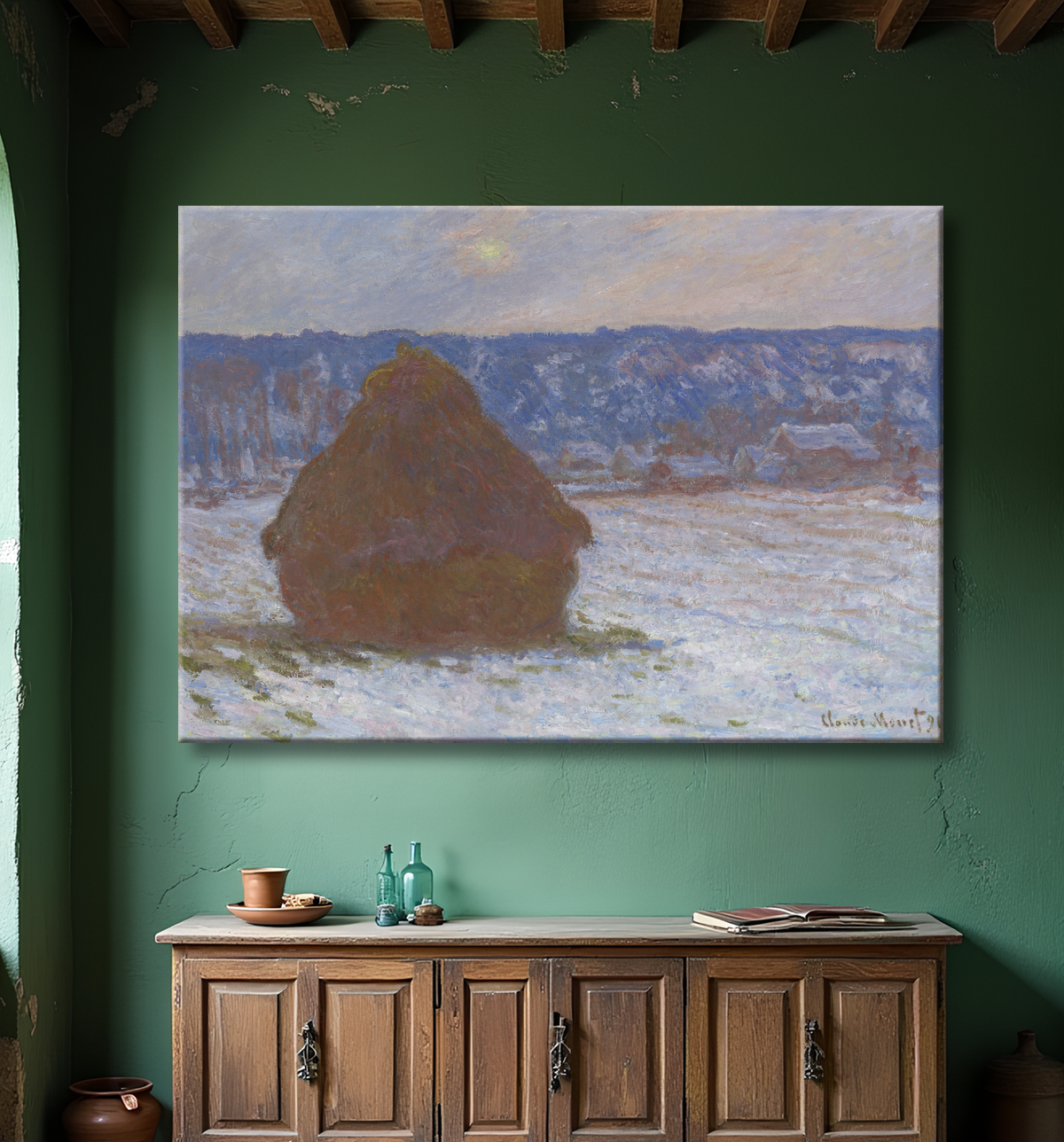Reproduction Pile de blé (effet neige, jour couvert) de Claude Monet avec decor