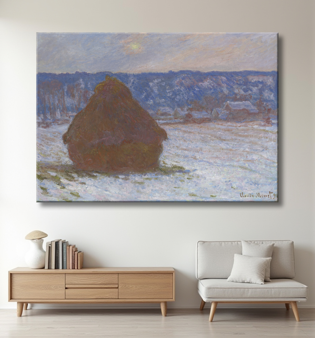 Reproduction Pile de blé (effet neige, jour couvert) de Claude Monet avec decor