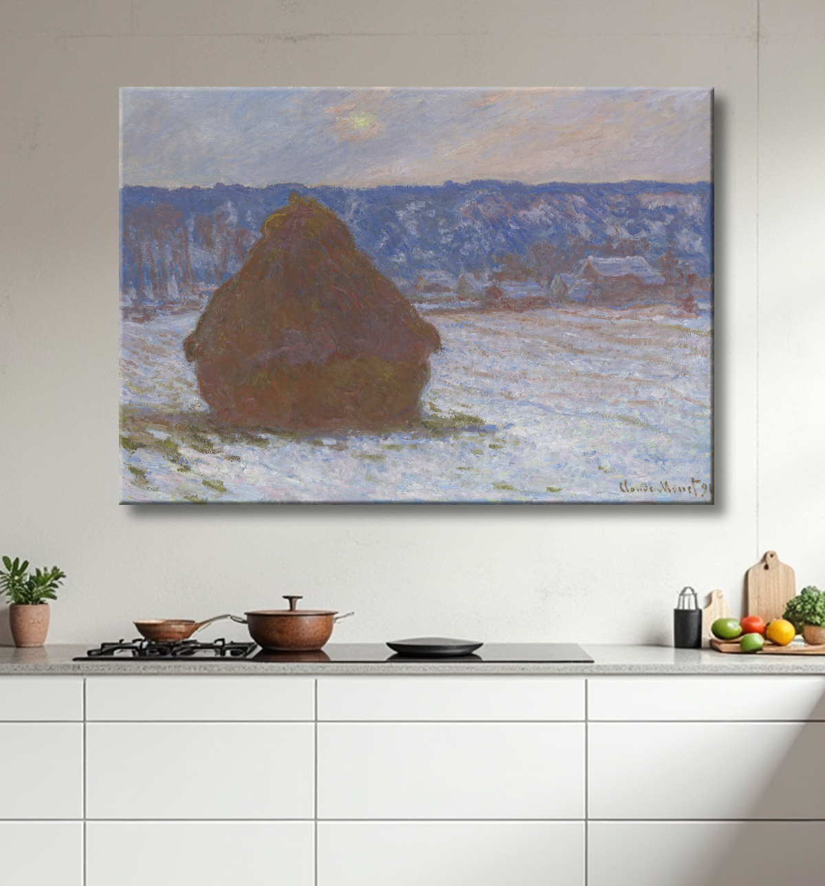 Reproduction Pile de blé (effet neige, jour couvert) de Claude Monet avec decor