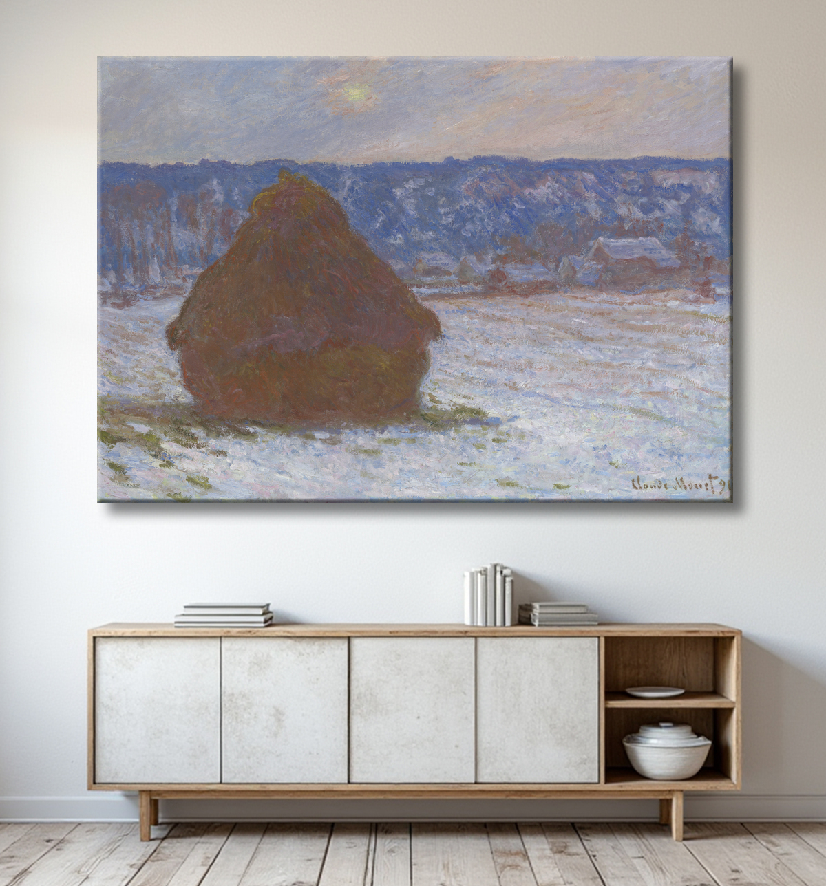 Reproduction Pile de blé (effet neige, jour couvert) de Claude Monet avec decor