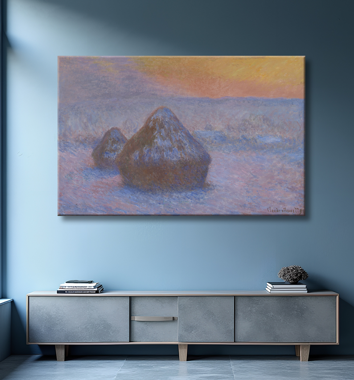 Reproduction Piles de blé (Coucher de soleil, effet neige) de Claude Monet avec decor