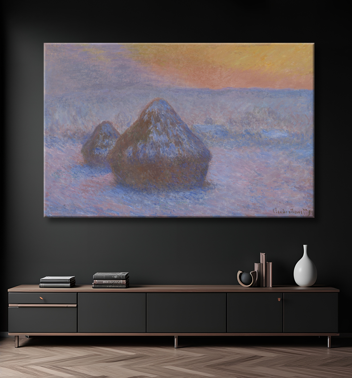 Reproduction Piles de blé (Coucher de soleil, effet neige) de Claude Monet avec decor