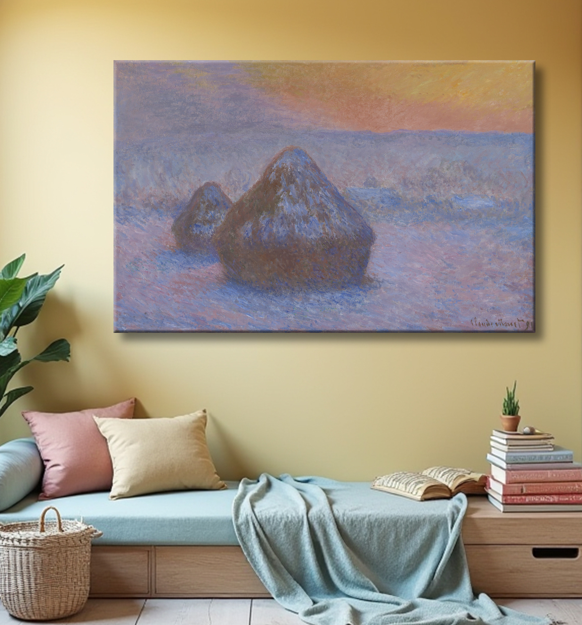 Reproduction Piles de blé (Coucher de soleil, effet neige) de Claude Monet avec decor