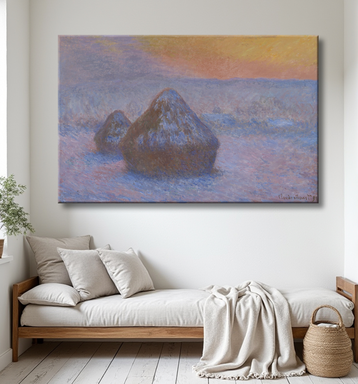 Reproduction Piles de blé (Coucher de soleil, effet neige) de Claude Monet avec decor