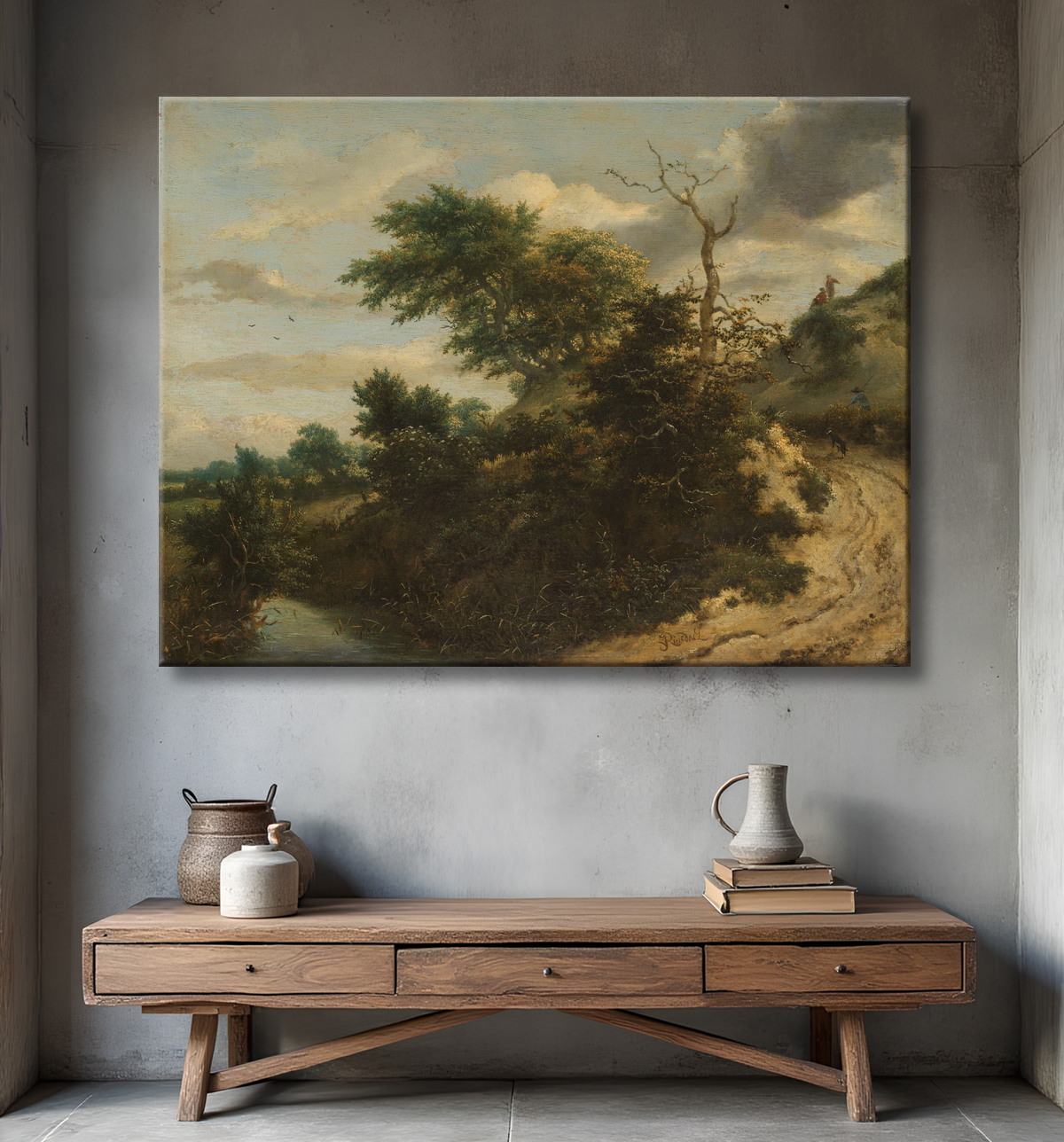 Reproduction Piste de sable dans les dunes de Jacob Isaacksz van Ruisdael avec decor