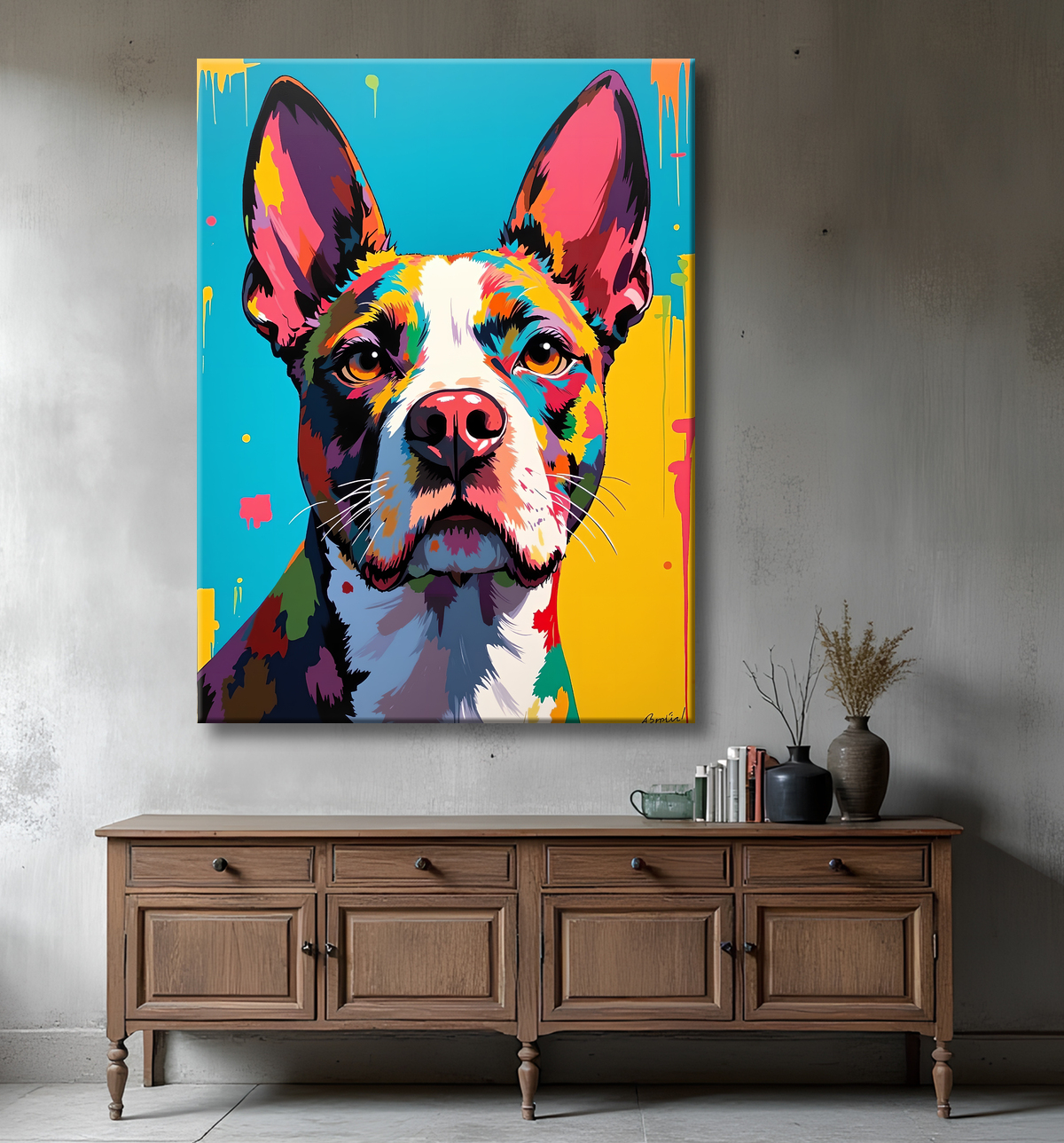 Tableau pitbull pop art - Couleurs vives et puissance expressive avec decor