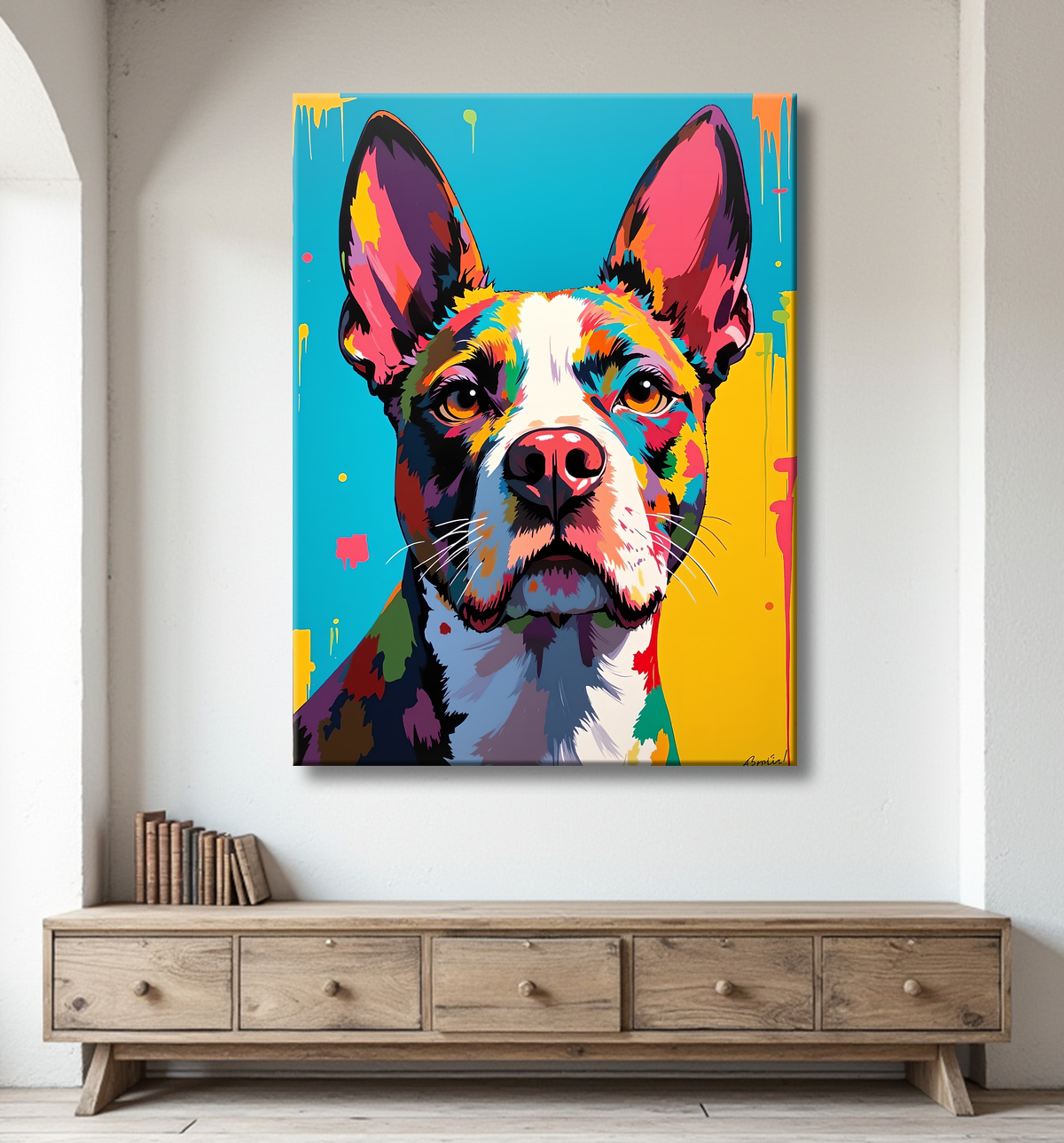Tableau pitbull pop art - Couleurs vives et puissance expressive avec decor