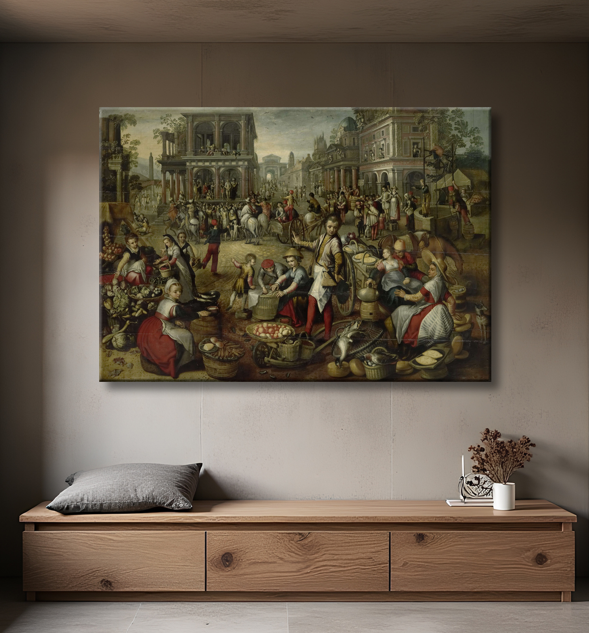 Reproduction Place du marché, avec la Flagellation, l'Ecce Homo et le Portement de Croix en arrière-plan de Joachim Bueckelaer avec decor