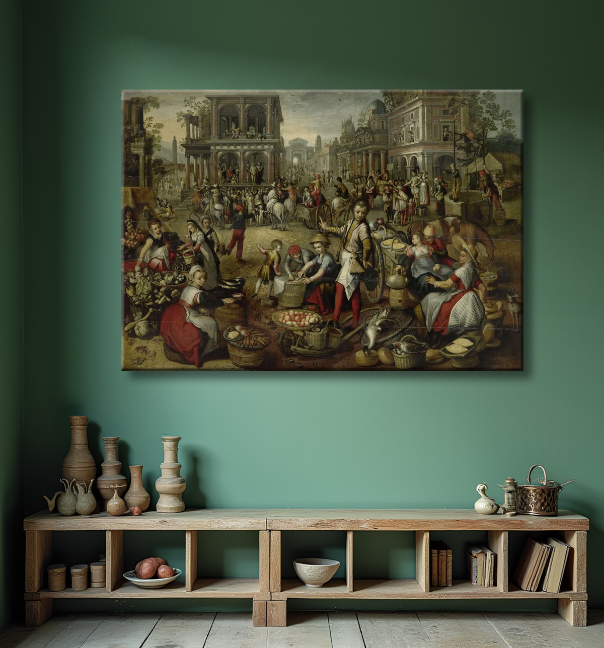 Reproduction Place du marché, avec la Flagellation, l'Ecce Homo et le Portement de Croix en arrière-plan de Joachim Bueckelaer avec decor