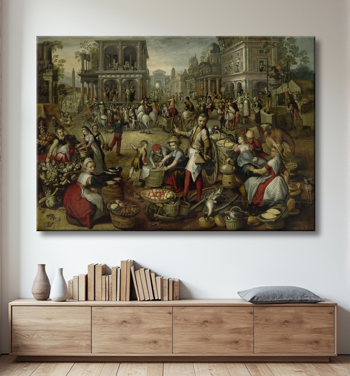 Reproduction Place du marché, avec la Flagellation, l'Ecce Homo et le Portement de Croix en arrière-plan de Joachim Bueckelaer avec decor
