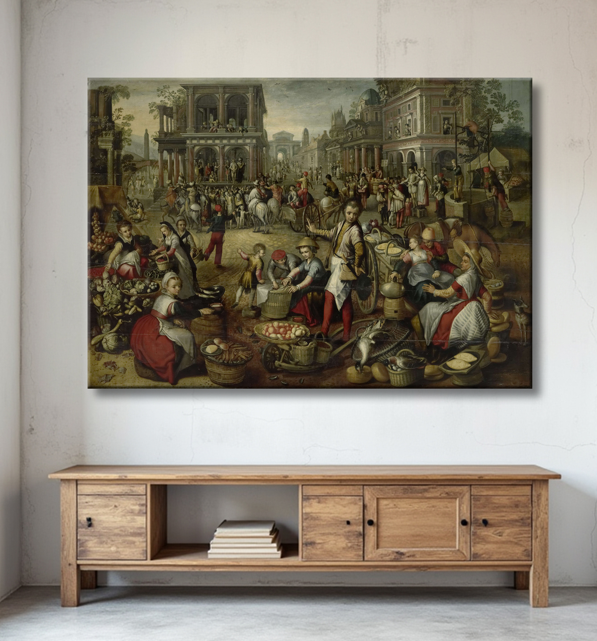 Reproduction Place du marché, avec la Flagellation, l'Ecce Homo et le Portement de Croix en arrière-plan de Joachim Bueckelaer avec decor